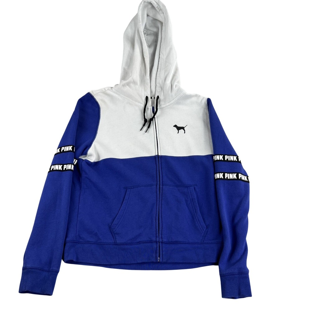PINK Victorias Secret Colorblock Full Zip Hoodie L Blue White Women Dog Logo